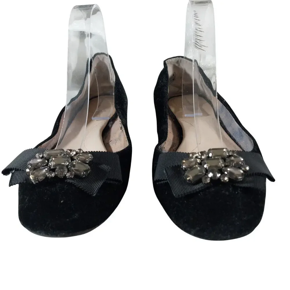 LANDS' END! BLACK VELVET & GROSGRAIN RIBBON BOW, RHINESTONE FLATS! SZ 9.5B